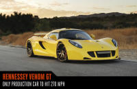 <p>You may never need to travel more than 270 miles per hour in a car, but it's good to know you could. The Hennessey Venom GT was clocked going that fast in 2014 on the 3.2-mile space shuttle runway at Cape Canaveral, Florida, making it the fastest production car around. The owners of the Venom GT have experienced that raw power firsthand, but it's a small group (i.e. Steven Tyler), as it takes six months to build one and only 11 have ever been built. With horsepower at 1,244 bhp and torque at 1,155 pounds per foot, the Hennessey Venom GT can go from 0 to 60 mph in 2.7 seconds and 0-100 in 5.6 seconds with a standing mile speed of 253 mph.</p>