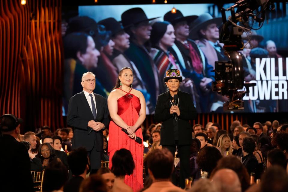 (From left) Robert de Niro, Lily Gladstone, and Tantoo Cardinal introduce the clip for “Killers Of The Flower Moon” during the Screen Actors Guild Awards on Saturday, Feb. 24, 2024.