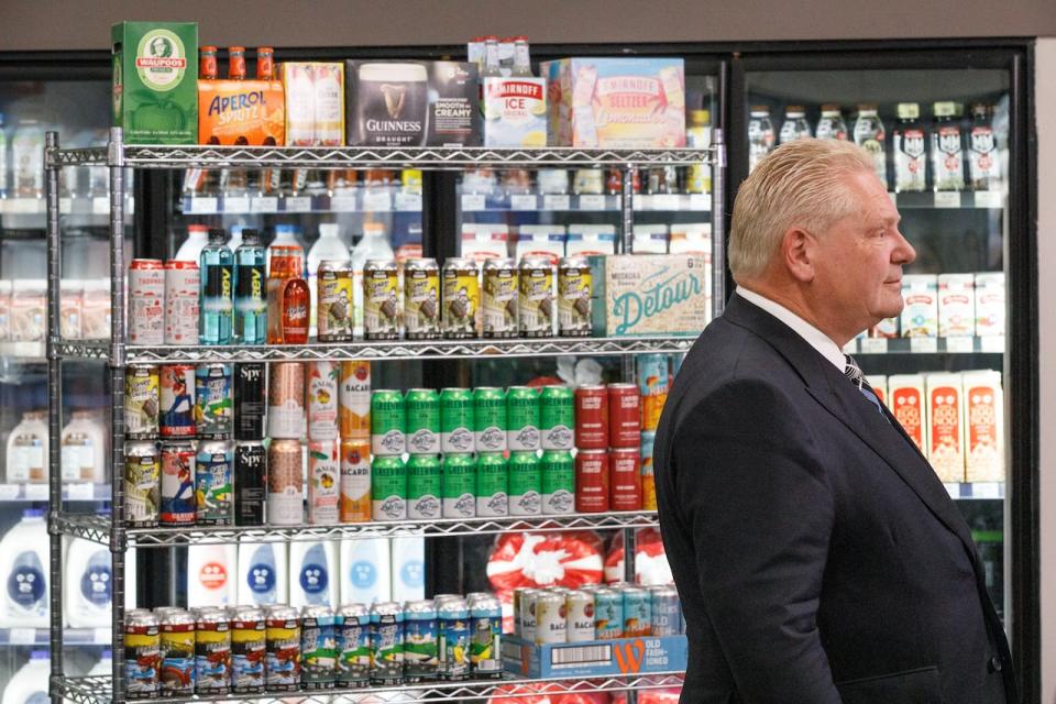 Premier Doug Ford is pictured during a news conference announcing the provincial government's plan to allow the sale of alcohol in convenience stores, at a Circle K convenience store in Etobicoke on Dec. 14, 2023.