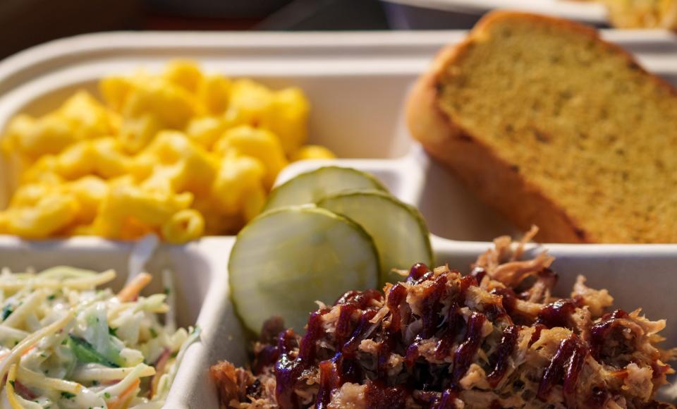 Locally sourced pulled pork shoulder sits on display Monday, Oct. 16, 2023, at a press conference announcing food options for the 2023-24 event season inside Gainbridge Fieldhouse.