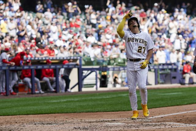 Willy Adames of the Milwaukee Brewers reacts during the game