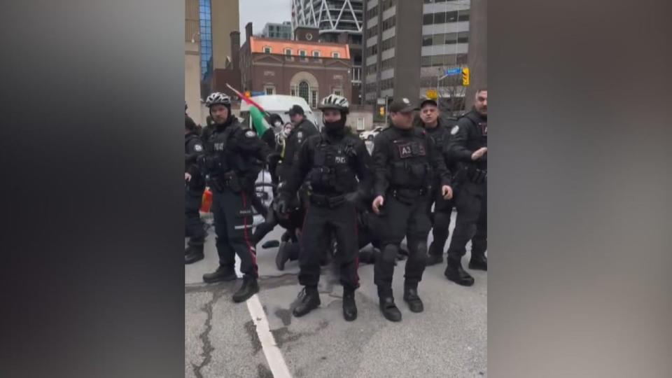 In a video published on Instagram by the Palestinian Youth Movement's Toronto chapter, multiple officers can be seen holding a person on the ground. Later in the video, police encircle the person and officers. 