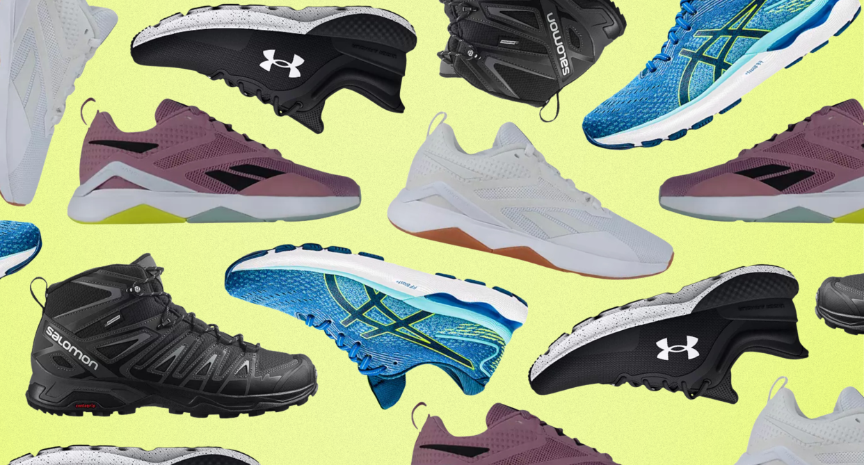 collage of men's and women's sneakers, hiking boots sport chek spring sale