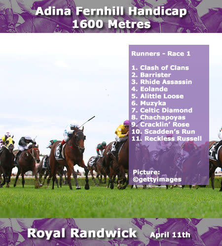 The first event of the day commences at 11:30am. The field has quite a few lightly raced runners and not a lot of exposed form. The Barrister had merit in the way it controlled proceedings when leading throughout when winning at Mornington. Muzyka and Celtic Diamond both had their first outing at Gosford. Both runners made considerable ground late in running and will have to be considered amongst the chances. Gai Waterhouse trained Clash of Clans will most likely start as favourite.