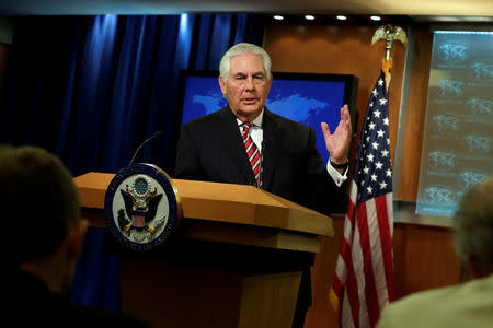 FILE PHOTO: U.S. Secretary of State Rex Tillerson speaks at a press briefing at the State Department in Washington, U.S., August 22, 2017. REUTERS/Yuri Gripas