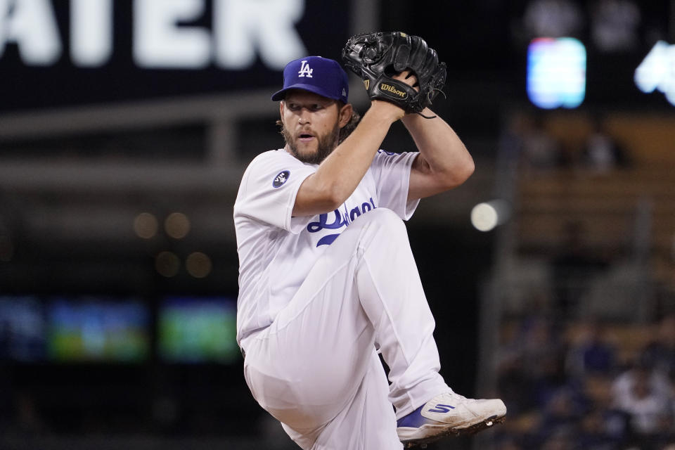 Los Angeles Dodgers starting pitcher Clayton Kershaw throws to the plate during the first inning of a baseball game against the Arizona Diamondbacks Monday, Sept. 19, 2022, in Los Angeles. (AP Photo/Mark J. Terrill)