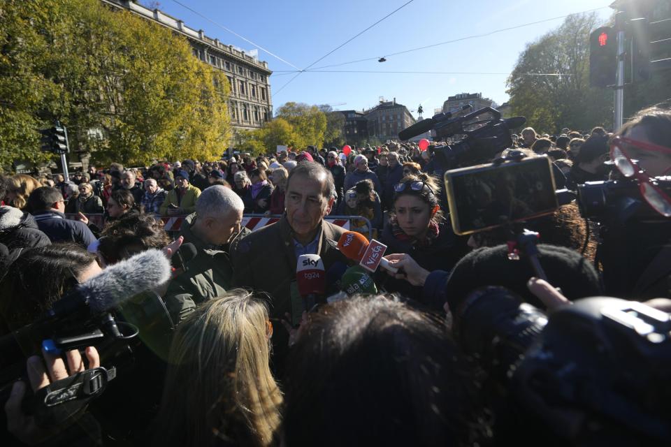 Milan's mayor Giuseppe Sala attends a gathering on the occasion of International Day for the Elimination of Violence against Women, in Milan, Italy, Saturday, Nov.25, 2023. Thousands of people are expected to take the streets in Rome and other major Italian cities as part of what organizers call a "revolution" under way in Italians' approach to violence against women, a few days after the horrifying killing of a college student allegedly by her resentful ex-boyfriend sparked an outcry over the country's "patriarchal" culture. (AP Photo/Luca Bruno)