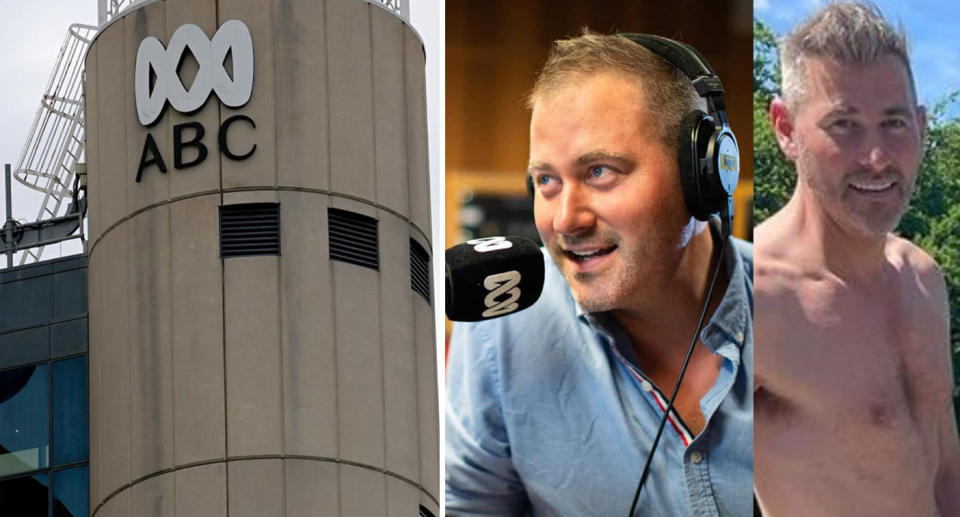 Left, ABC sign on the broadcasting building. Right, a picture of Josh Szeps speaking to the mic and another topless while on holiday.