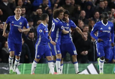 Britain Football Soccer - Chelsea v Southampton - Premier League - Stamford Bridge - 25/4/17 Chelsea's Diego Costa celebrates scoring their third goal with teammates Reuters / Stefan Wermuth Livepic