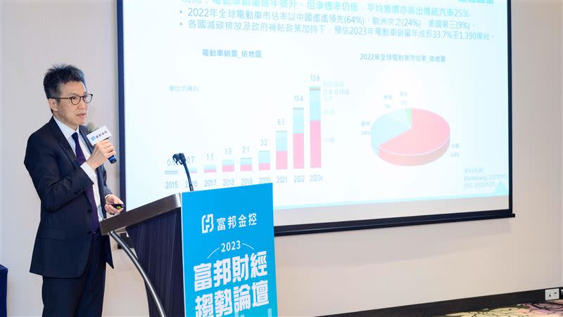 台北富邦銀行資深副總吳傳文以「全球五大趨勢下的投資機會與風險」為題，分享低軌衛星、電動車、AI浪潮、印度崛起、錢進東洋等五大投資趨勢。（圖／富邦提供）