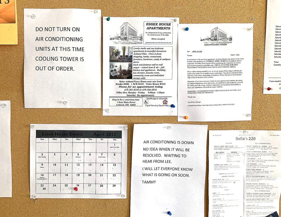 Signs on the bulletin board in the lobby of the Essex House state that the central air conditioning is not working on Wednesday. Next to one of those signs is a promotional flyer boasting that each unit has central heat and air.