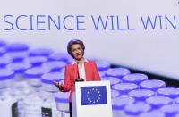 European Commission President Ursula von der Leyen makes a statement during an official visit to the Pfizer pharmaceutical company in Puurs, Belgium, Friday, April 23, 2021. (John Thys, Pool via AP)