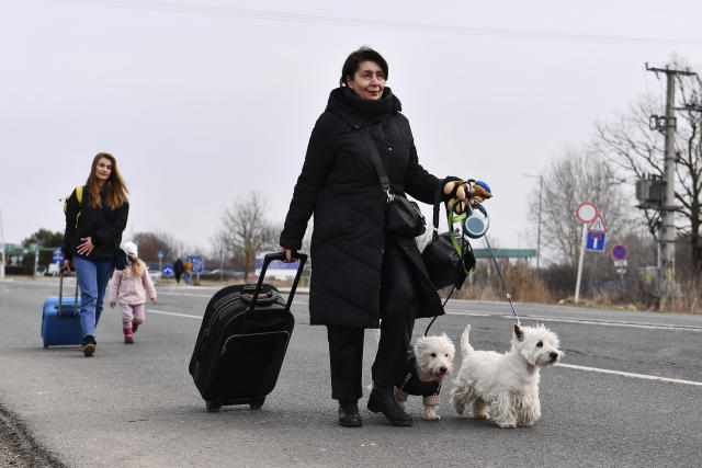 A woman pulling a wheeled suitcase walks with two dogs after crossing the border into Hungary.