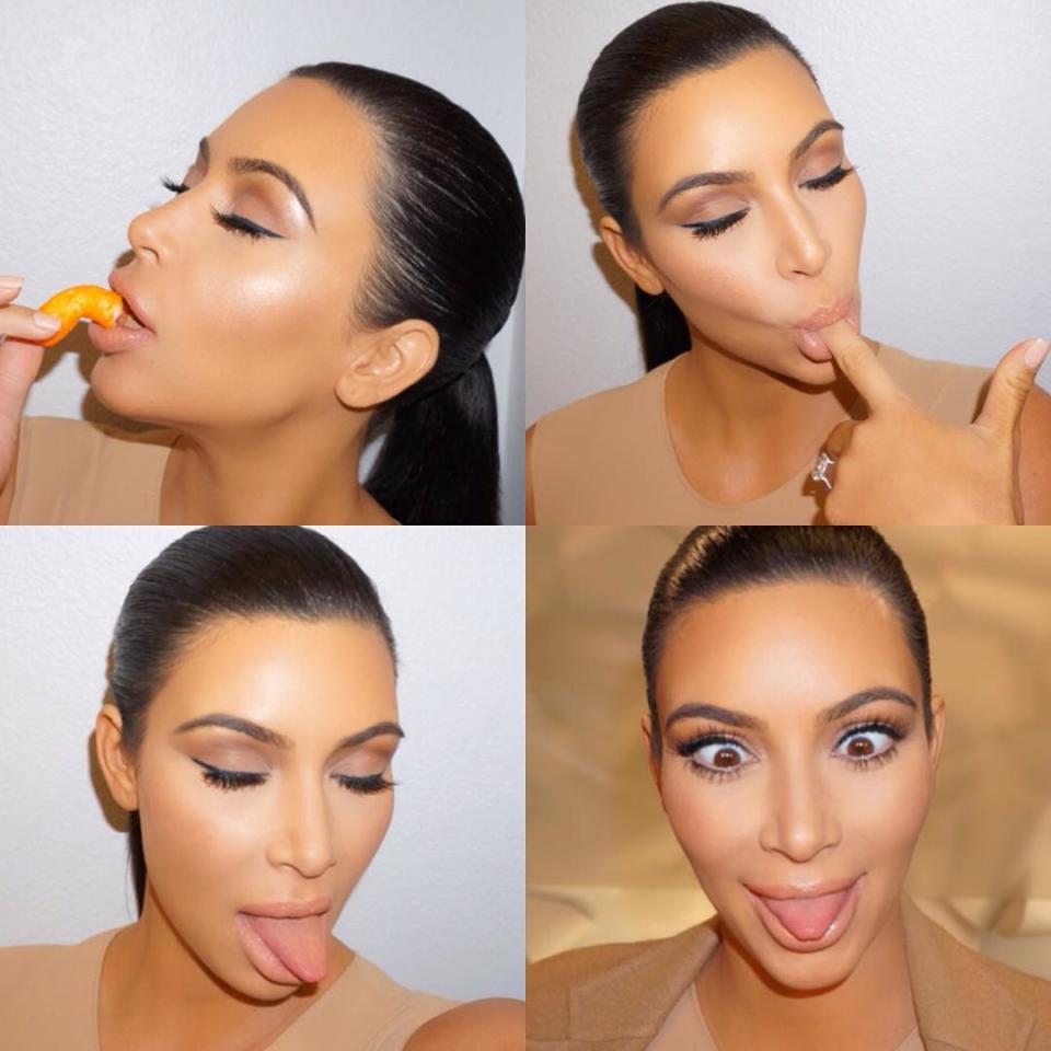 Many pregnant women have specific food cravings and for Kim Kardashian, she is seriously loving herself some Cheetos. Also, because it's Kim Kardashian, she made sure to Instagram herself eating them in a way that is just this side of NSFW. <strong>WATCH: Kim Kardashian Shares Pregnancy Secrets and North West’s Style Tips </strong> No one has ever enjoyed a single Cheeto as much as Kim did in those first three photos. And food cravings aren't the only side effect of pregnancy that Kim -- who is seven months along with her second child with husband Kanye West – has been having. She's also been dealing with swollen feet and typical pregnancy weight gain. <strong>WATCH: Khloe Kardashian Says She 'Really Thrived' When Kim Kardashian Put on Pregnancy Weight </strong> However, Kim hasn't been letting swollen feet or her baby bump keep her from rocking some incredible styles while out and about. Check out the video below for a look at the sheer black gown she wore during New York Fashion Week earlier this month.