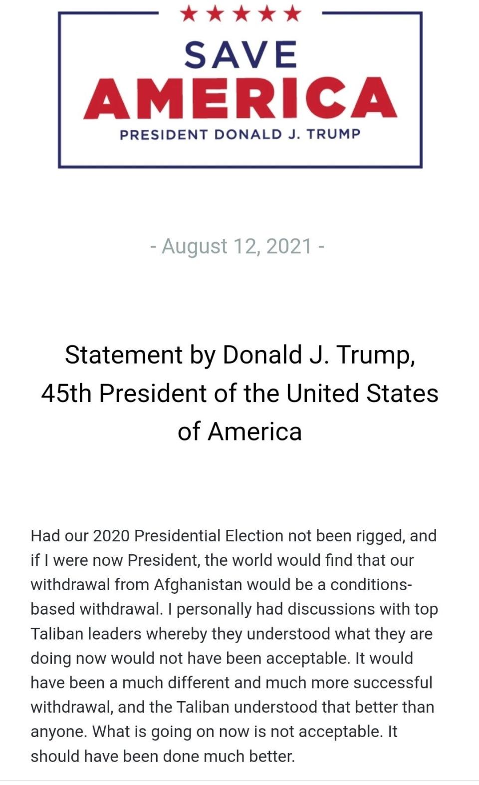 The first of Mr Trump’s statements attacking Joe Biden over Afghanistan on August 12 (Office of Donald Trump)