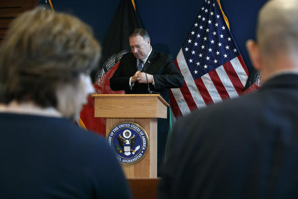 Secretary of State Mike Pompeo leaves the podium after a news conference at U.S. Embassy Kabul, Tuesday, June 25, 2019, during an unannounced visit to Kabul, Afghanistan. (AP Photo/Jacquelyn Martin, Pool)