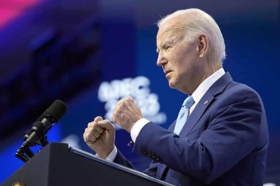 President Joe Biden speaks to a group of CEOs Thursday, Nov. 16, 2023, in San Francisco, at the annual Asia-Pacific Economic Cooperation conference. (AP Photo/Godofredo A. Vásquez)
