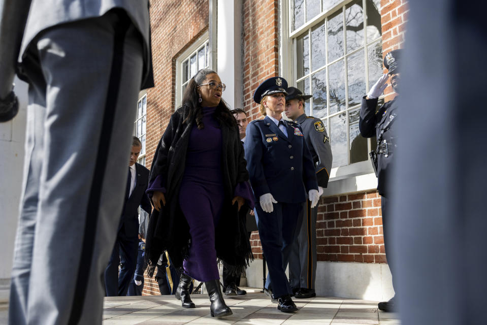 Oprah Winfrey walks to the State House prior to Maryland Gov.-elect Wes Moore's inauguration, Wednesday, Jan. 18, 2023, in Annapolis, Md. (AP Photo/Julia Nikhinson)