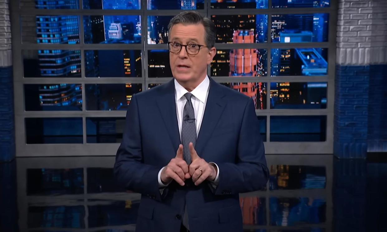 <span>Stephen Colbert on Trump: ‘The trial for him covering up having sex with Stormy Daniels is a lot like him having sex with Stormy Daniels: he lasts only a few furious minutes and then nods off.’</span><span>Photograph: Youtube</span>