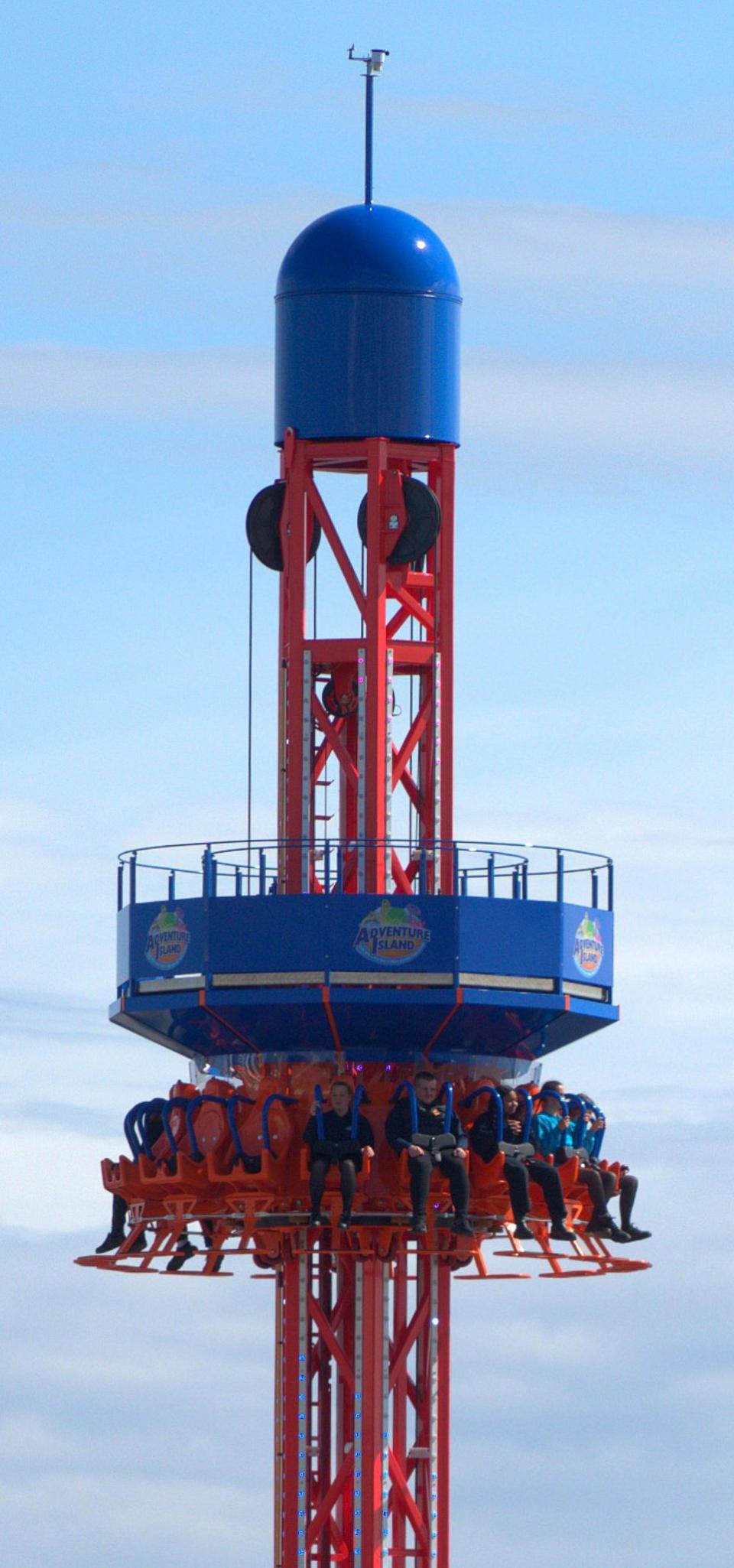 Echo: Don't look down - riders pictured at the top of new drop tower Vertigo at Adventure Island
