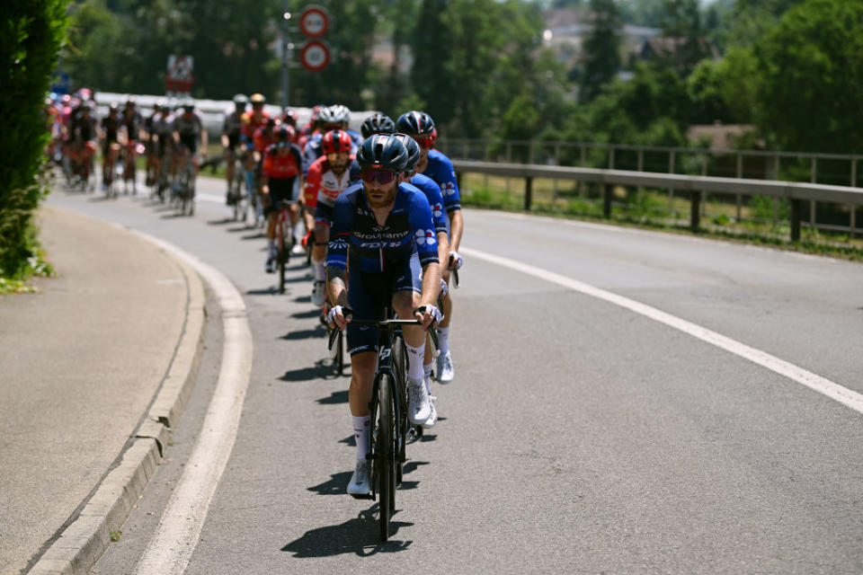 NOTTWIL SWITZERLAND  JUNE 12 Quentin Pacher of France and Team GroupamaFDJ leads the peloton during the 86th Tour de Suisse 2023 Stage 2 a 1737km stage from Beromnster to Nottwil  UCIWT  on June 12 2023 in Nottwil Switzerland Photo by Dario BelingheriGetty Images