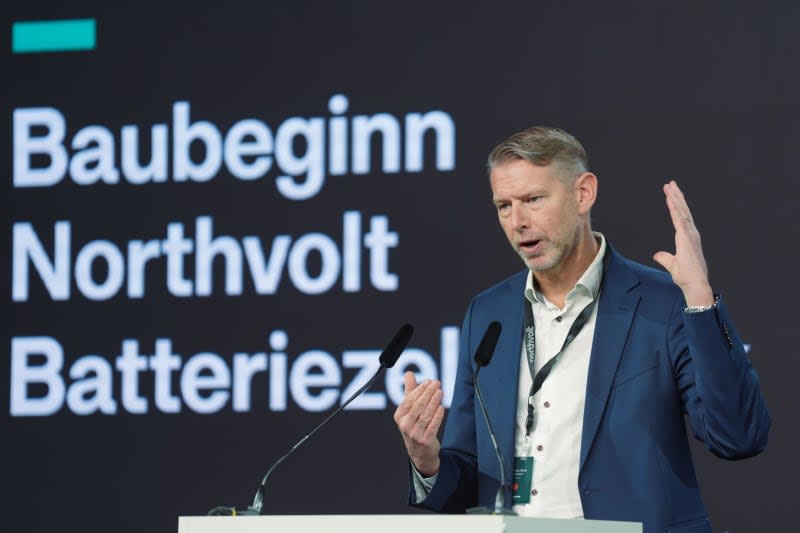 CEO of Northvolt Peter Carlsson speaks before the start of construction of the Northvolt factory, which will produce battery cells for electric cars from 2026. Marcus Brandt/dpa