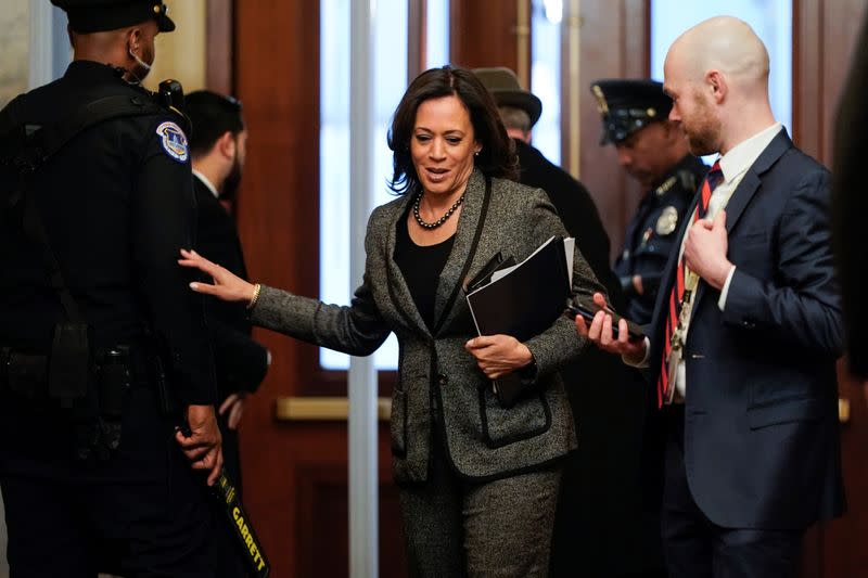 Senator Harris (D-CA) arrives as the Trump impeachment trial continues in Washington.