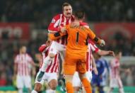 Football - Stoke City v Chelsea - Capital One Cup Fourth Round - Britannia Stadium - 27/10/15 Stoke's Xherdan Shaqiri celebrates with Jack Butland after winning the penalty shootout Action Images via Reuters / Alex Morton