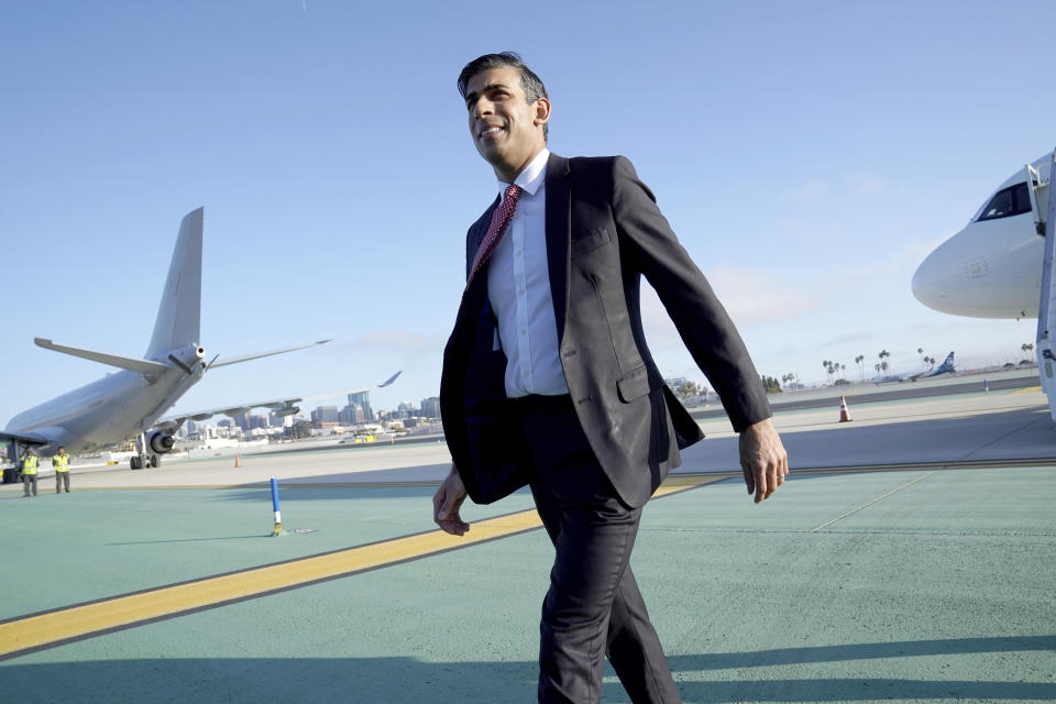 British Prime Minister Rishi Sunak disembarks his plane in San Diego, Sunday, March 12, 2023, as he arrives in the States for meetings with U.S. President Joe Biden and Australia Prime Minister Anthony Albanese in AUKUS, a trilateral security pact among the three countries. (Stefan Rousseau/Pool Photo via AP)