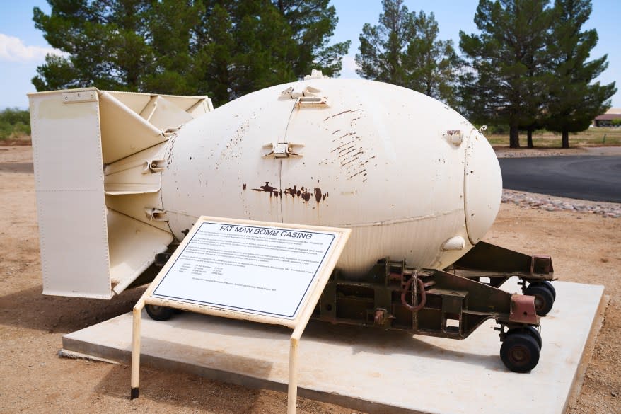 Fat Man bomb casing on Monday, August 7, 2023 in Trinity Site, New Mexico. The detonation, conducted by the U.S. Army, occurred on July 16, 1945.