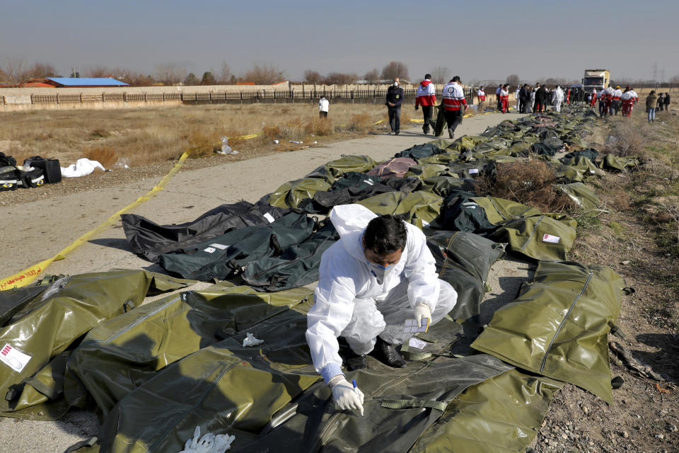 A forensic investigator works at the scene of a Ukrainian plane crash as bodies of the victims are collected, in Shahedshahr, southwest of the capital Tehran, Iran, Wednesday, Jan. 8, 2020. A Ukrainian airplane carrying 176 people crashed on Wednesday shortly after takeoff from Tehran's main airport, killing all onboard. (AP Photo/Ebrahim Noroozi)