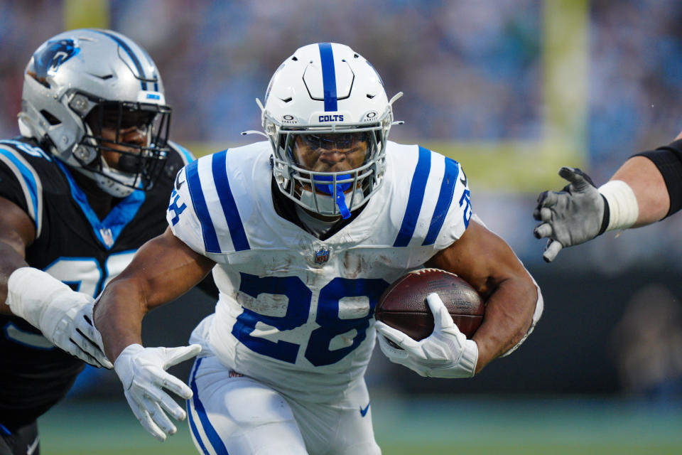 Indianapolis Colts running back Jonathan Taylor runs for a touchdown against the Carolina Panthers during the first half of an NFL football game Sunday, Nov. 5, 2023, in Charlotte, N.C. (AP Photo/Jacob Kupferman)