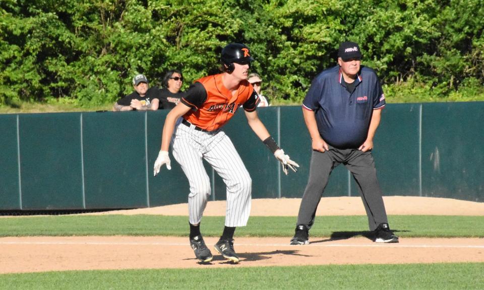 Rudyard's Tate Besteman takes a lead at first base during the semifinals against Riverview Gabriel Richard at Michigan State. Besteman was named to the Division 4 All-State Second Team.