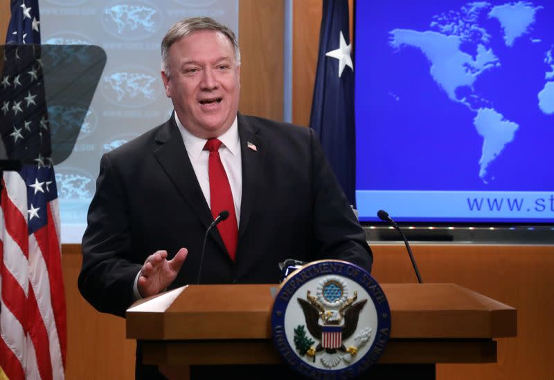 U.S. Secretary of State Pompeo addresses news conference at the State Department in Washington