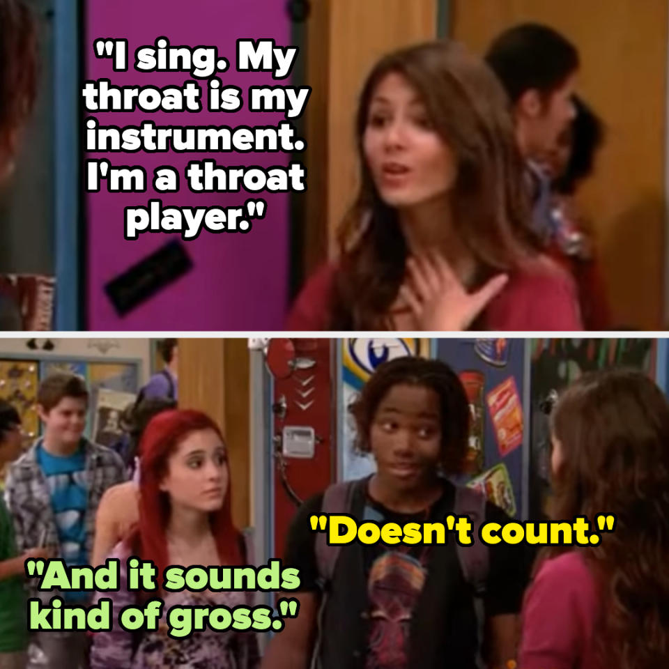 TV characters from "Victorious" in a scene, with dialogue bubbles showing a humorous exchange about singing