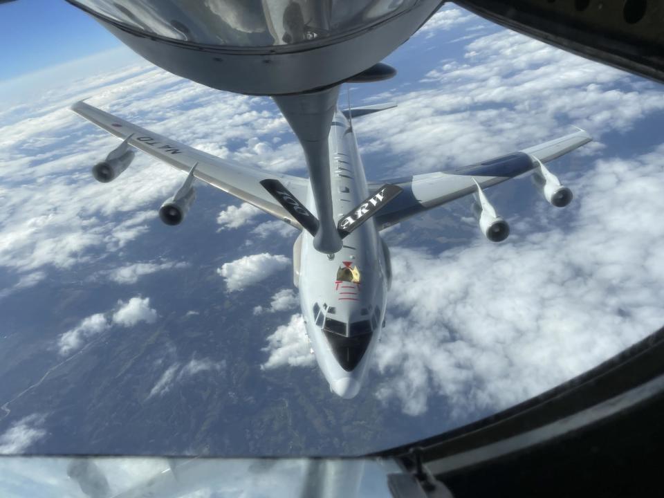 A NATO E-3 Sentry assigned to Geilenkirchen NATO Air Base, Germany, received fuel from a U.S. Air Force KC-135 Stratotanker over Europe during an Aug. 19, 2021 flight.