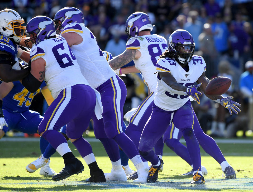 Dalvin Cook injured his shoulder against the Chargers. (Photo by Harry How/Getty Images)