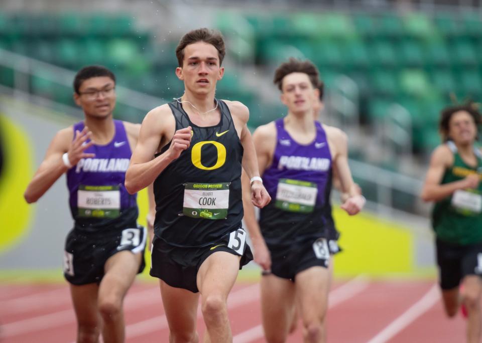 Oregon’s Elliott Cook wins the men’s 800 meters at the Oregon Preview Saturday, March 23, 2024, at Hayward Field in Eugene, Ore.