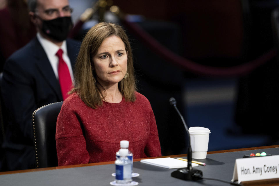 Supreme Court nominee Amy Coney Barrett listens during a confirmation hearing before the Senate Judiciary Committee, Tuesday, Oct. 13, 2020, on Capitol Hill in Washington. (Anna Moneymaker/The New York Times via AP, Pool)