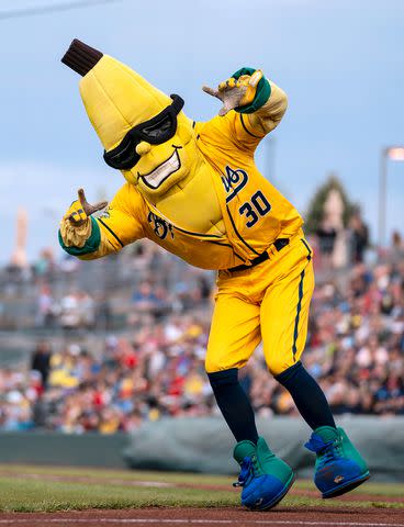 <p>Kent Nishimura/Los Angeles Times/Getty Images</p> Split, the Savannah Bananas' mascot