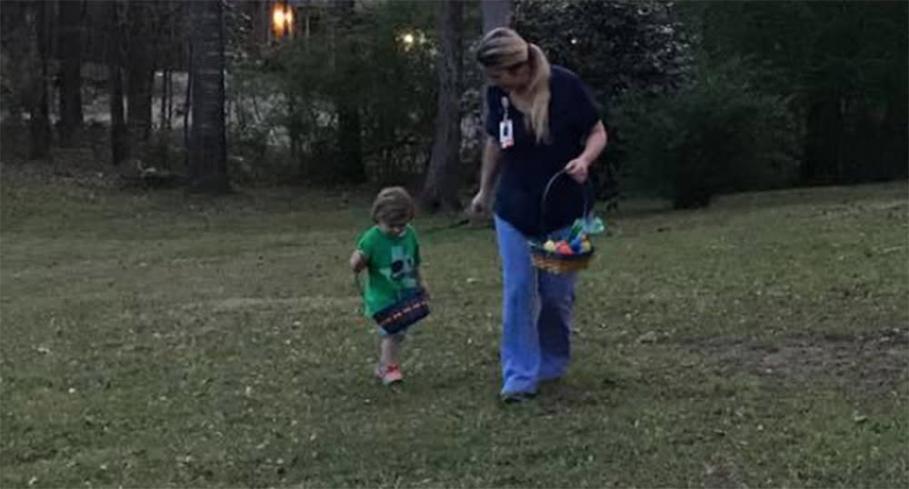 April Burton Reed and her son, Hudson, doing an early Easter egg hunt. (Photo: Facebook/Jason Reed)