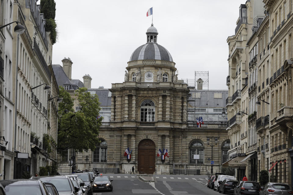 The Senate is pictured Sunday, Sept.27, 2020 in Paris. Nearly half of France's Senate seats are up for grabs in elections Sunday that are likely to leave the chamber dominated by conservatives and serve a new electoral blow to President Emmanuel Macron's centrist party. The elections are indirect, with senators chosen primarily by some 75,000 local elected officials like city councilors. They are voting for 172 of the 348 seats in the Senate, whose senators serve six-year terms. (AP Photo/Lewis Joly)