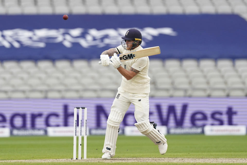 England's Ben Stokes during the first day of the second cricket Test match between England and West Indies at Old Trafford in Manchester, England, Thursday, July 16, 2020. (AP Photo/Jon Super, Pool)