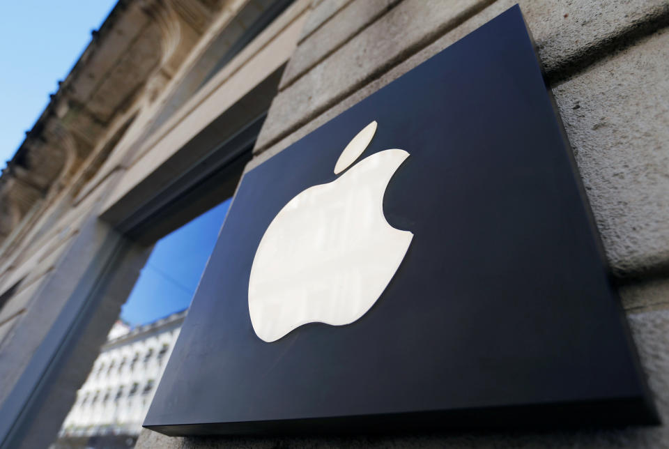 The logo of Apple company is seen outside an Apple store in Bordeaux, France, March 22, 2019. REUTERS/Regis Duvignau
