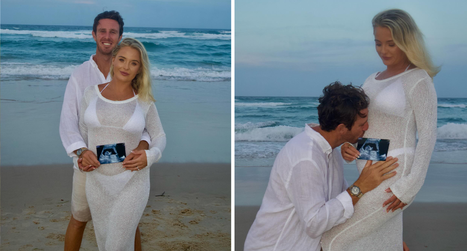 The Block’s Dylan Adams and Jenny Heath Adams posing together on the beach with their ultrasound.