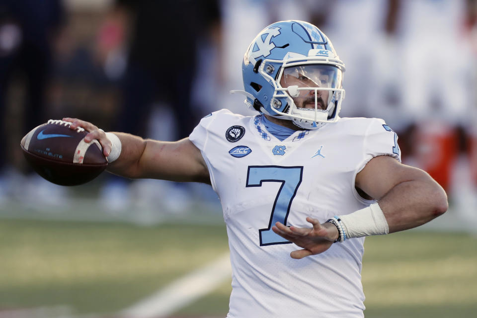 North Carolina quarterback Sam Howell passes during the first half of an NCAA college football game against Boston College, Saturday, Oct. 3, 2020, in Boston. (AP Photo/Michael Dwyer)