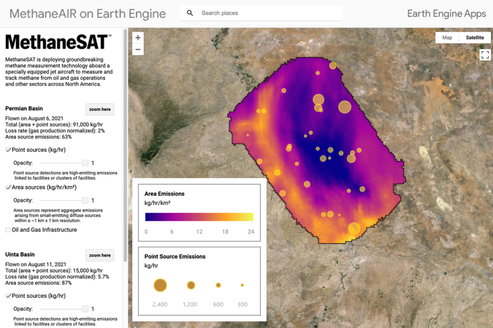 Sample MethaneSAT data shows area of methane leak on Google Earth (MethaneSAT/Google Earth Engine)