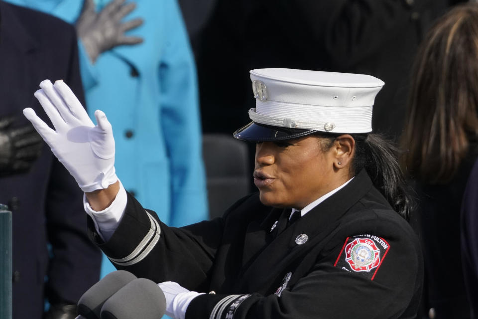 Andrea Hall leads the Pledge of Allegiance during the 59th Presidential Inauguration at the U.S. Capitol in Washington, on Wednesday, January 20, 2021. / Credit: Andrew Harnik / AP