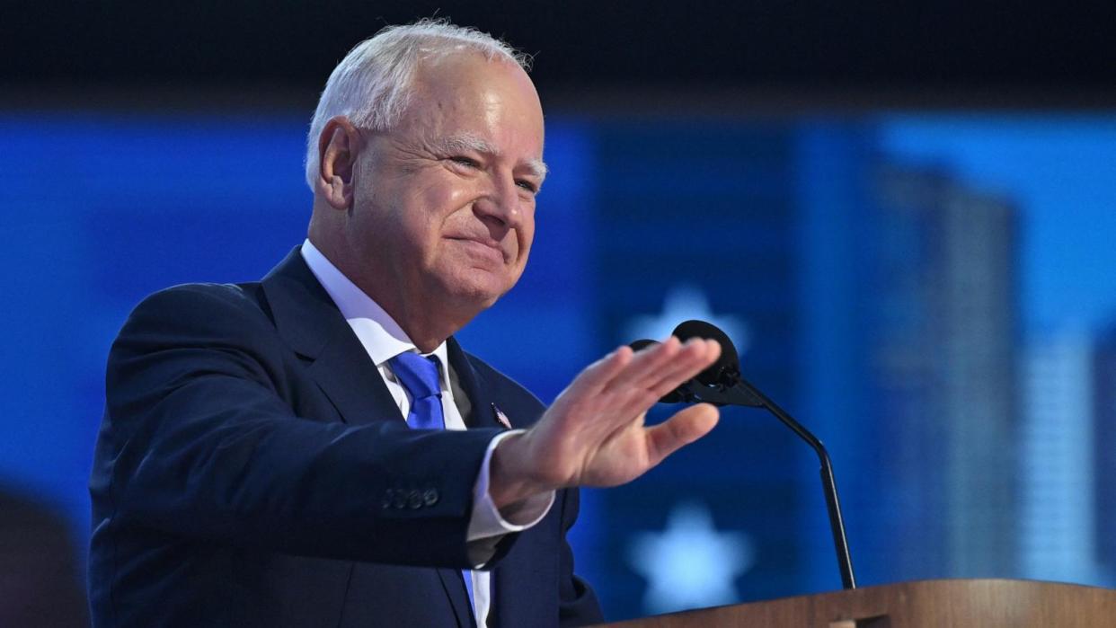 PHOTO: Minnesota Governor and 2024 Democratic vice presidential candidate Tim Walz gestures as he speaks on Day 3 of the Democratic National Convention in Chicago, Aug.21, 2024.  (Saul Loeb/AFP via Getty Images)