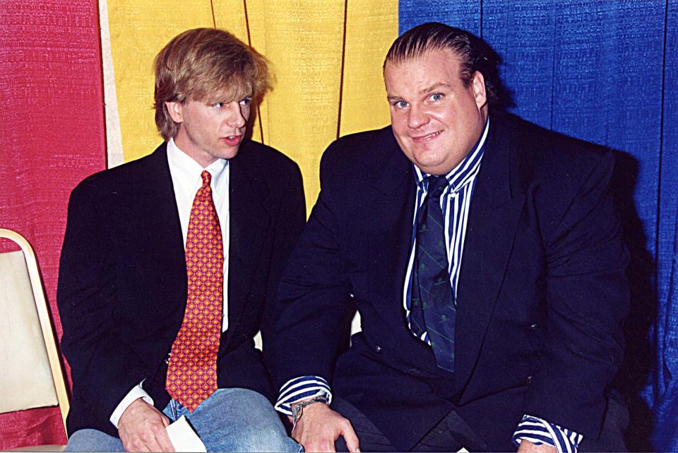 David Spade and Chris Farley during 1995 ShoWest in Las Vegas, Nevada, United States. (Photo by Jeff Kravitz/FilmMagic, Inc)